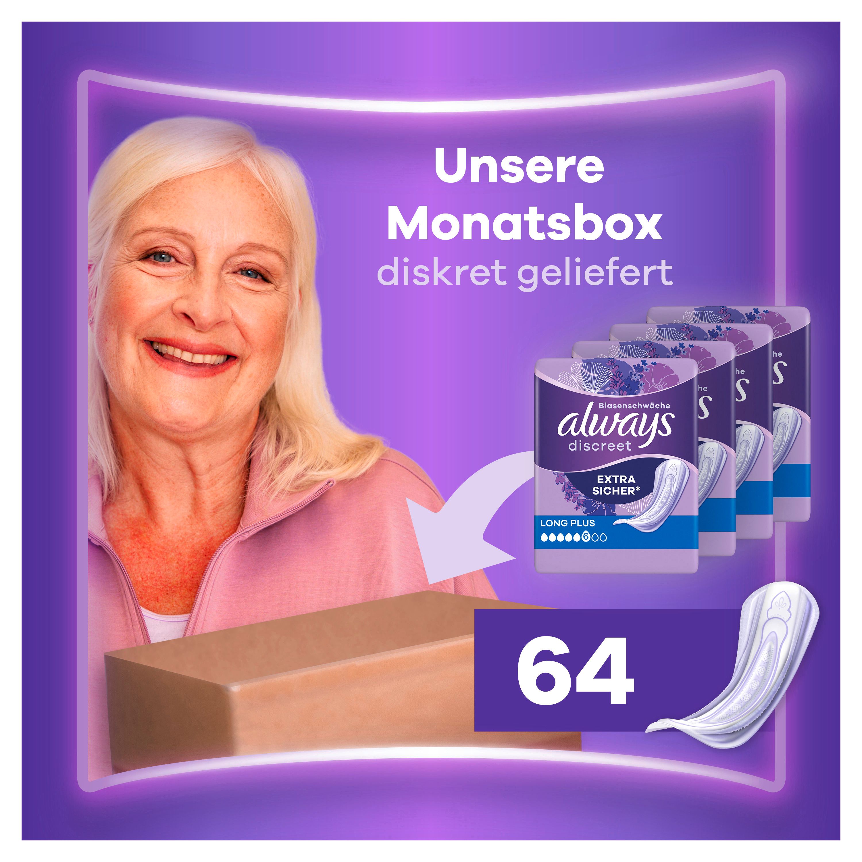 Always Discreet Extra Sicuro Long Plus Assorbenti, 64 pezzi in scatola.