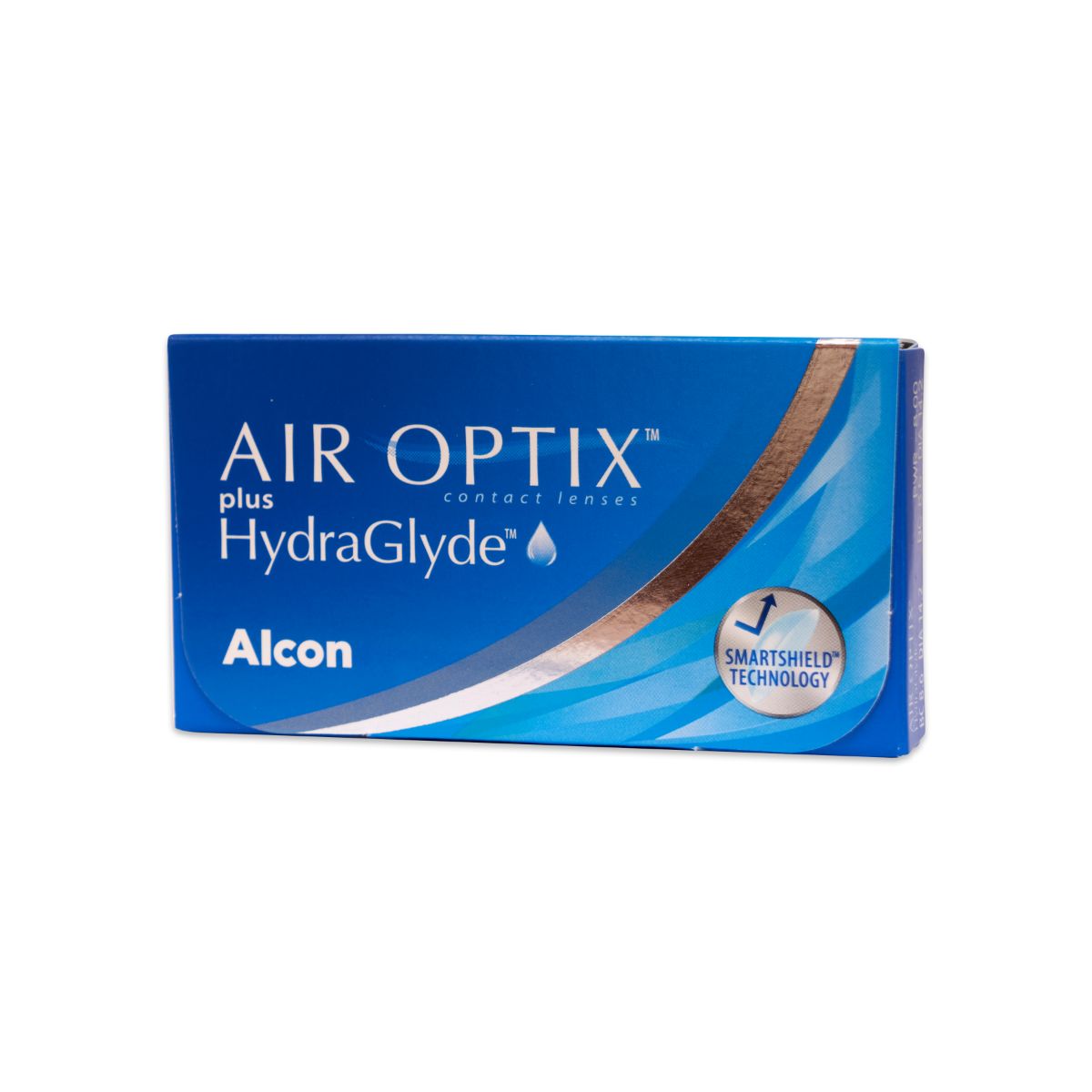 Confezione blu Air Optix plus HydraGlyde, logo Alcon e logo SmartShield Technology, in prospettiva.