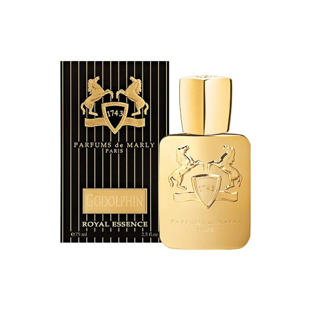 Flacone dorato e confezione nera. Godolphin Eau de Parfum. Marchio Parfums de Marly.