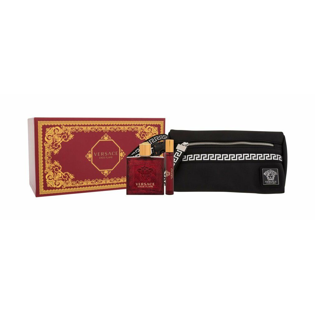 Confezione regalo, pochette, flacone e roll-on. Testo: Versace Eros Flame. Pochette nera.