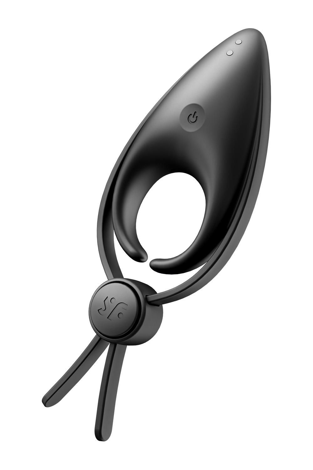 Vibratore ad anello nero con tre gambe. Due pulsanti e simbolo di accensione in alto. Forma ovale.