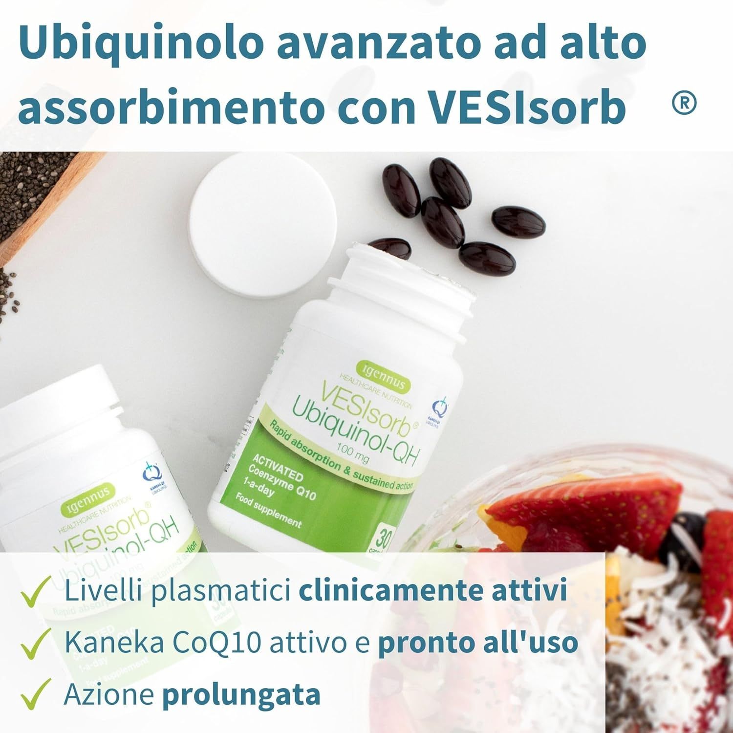 Schema della tecnologia di trasporto VESIsorb per la microincapsulazione del CoQ10.