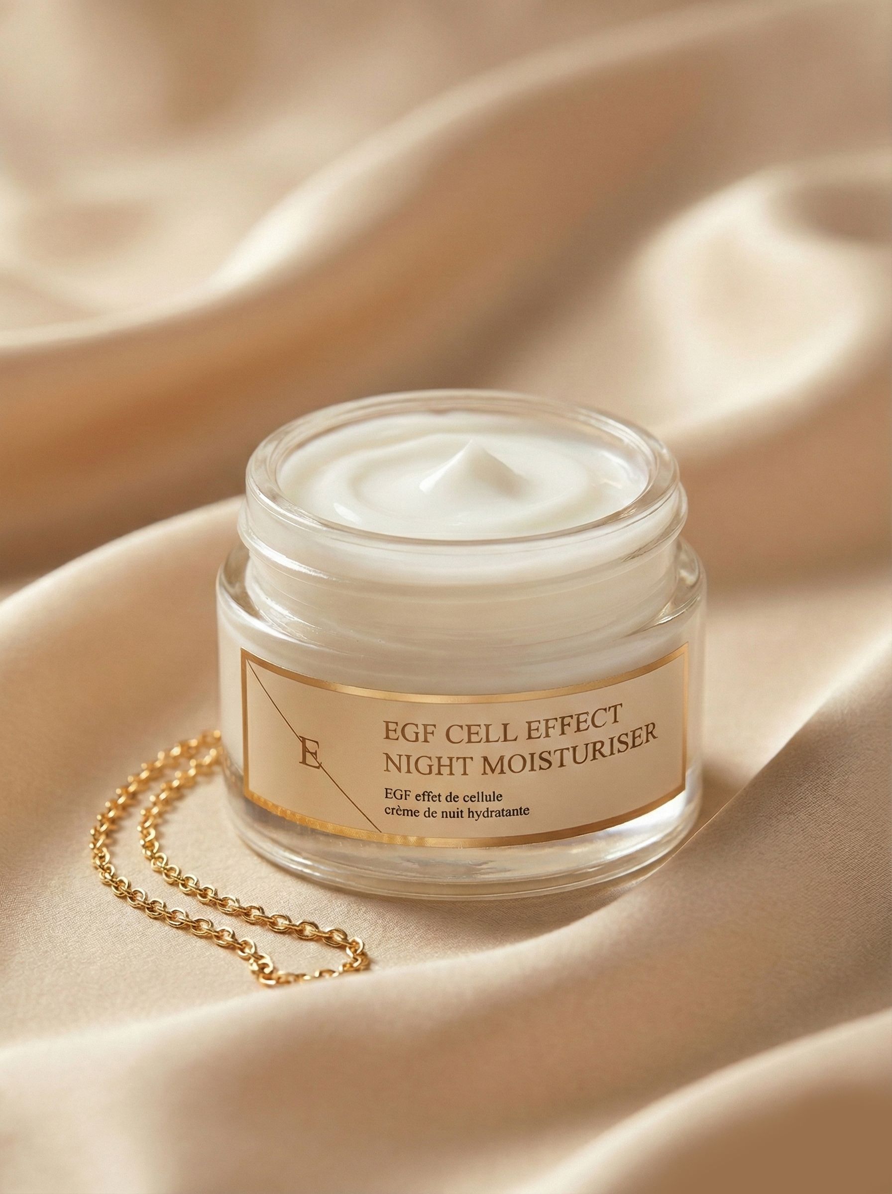 Crema notte idratante EGF Cell Effect su tessuto di seta, con collana d'oro.