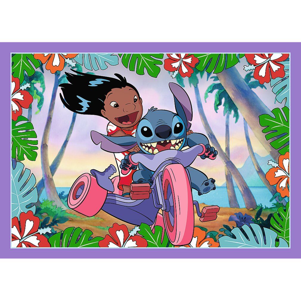 Motivo puzzle: Lilo e Stitch in scooter. Cornice viola con fiori e foglie. Sfondo: spiaggia e palme.