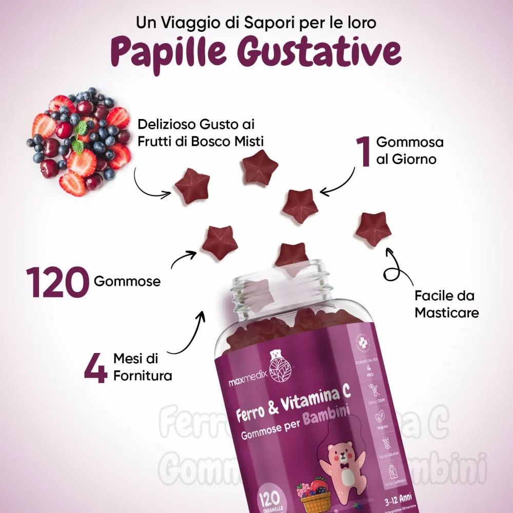 Caramelle gommose a forma di stella. Scritta: Ferro & Vitamina C per bambini. 120 caramelle gommose. 4 mesi di fornitura. Facile da masticare.
