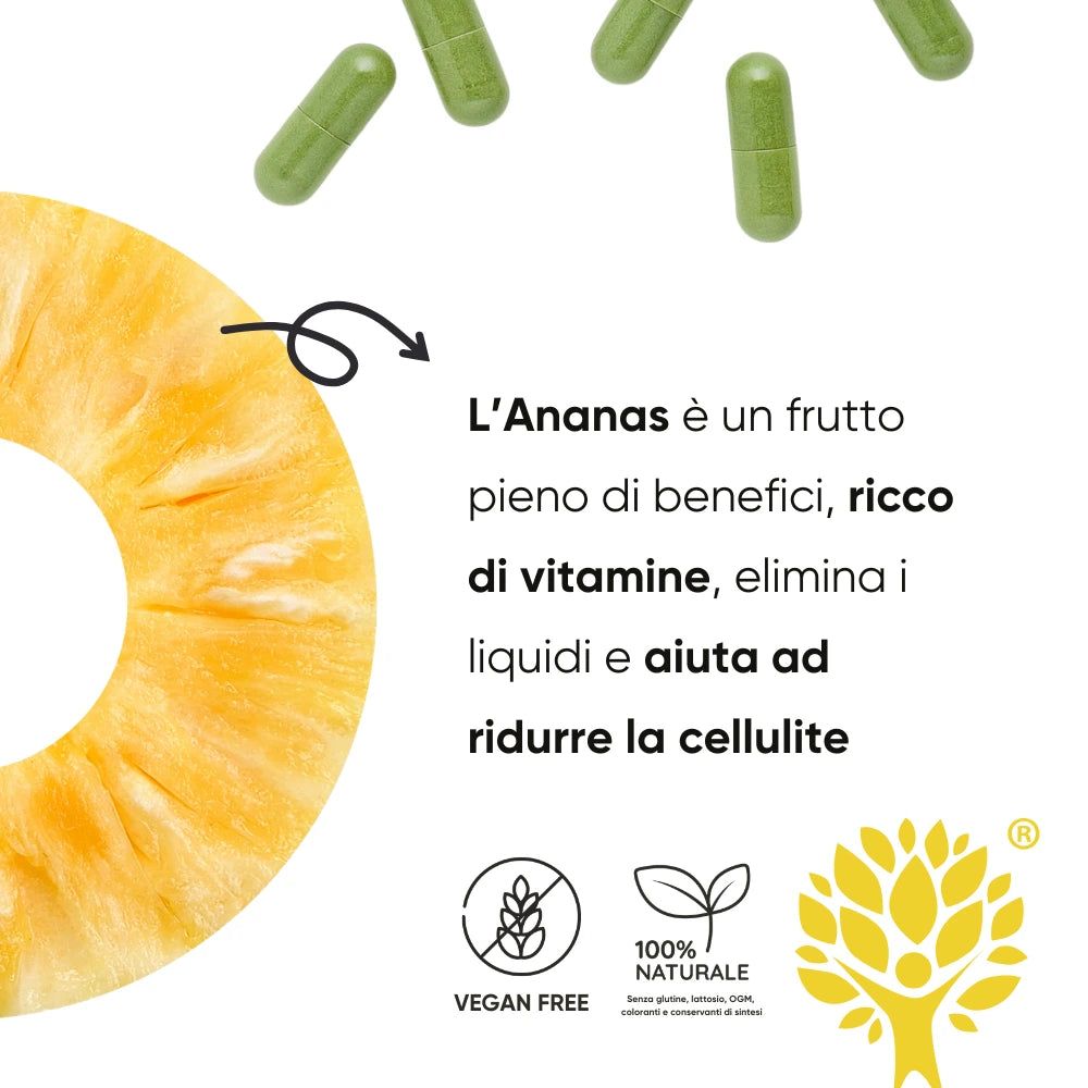 Fetta di ananas. Testo: L'Ananas è un frutto. Logo vegano. 100% naturale. Testo sui benefici e la riduzione della cellulite.