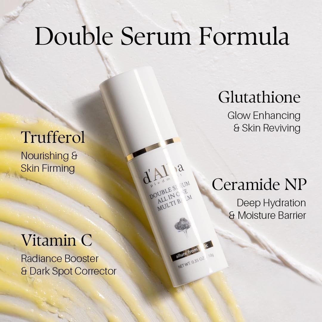 Stick di balsamo bianco con anima gialla. Testo: Double Serum Formula. Ingredienti: Glutatione, Vitamina C, Ceramidi NP.