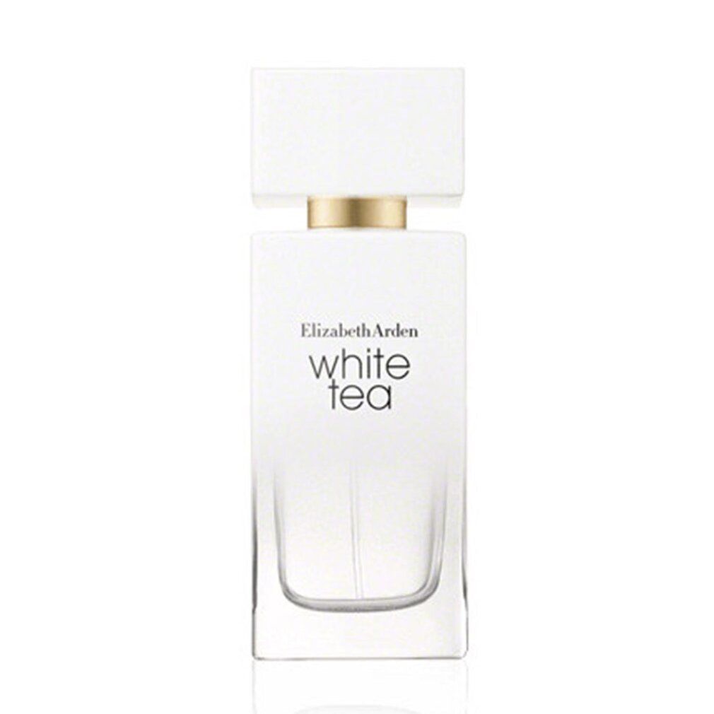Flacone di profumo bianco con tappo dorato. Scritta: Elizabeth Arden White Tea.