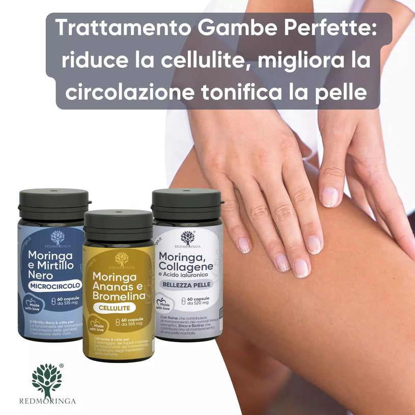 Tre flaconi di capsule. Testo: Trattamento Gambe Perfette, RedMoringa. Una mano tocca una gamba.