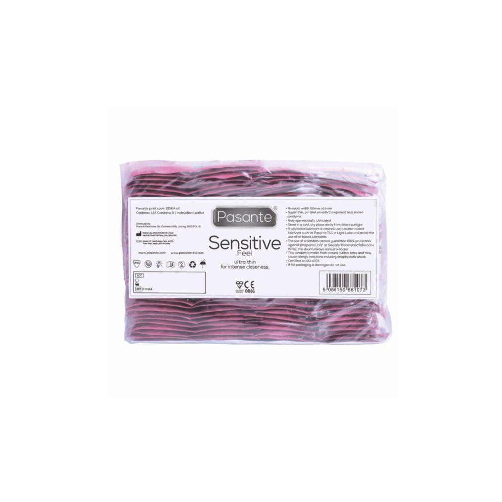 Confezione di preservativi Pasante Sensitive Feel. Informazioni sul prodotto e marchio CE visibili.