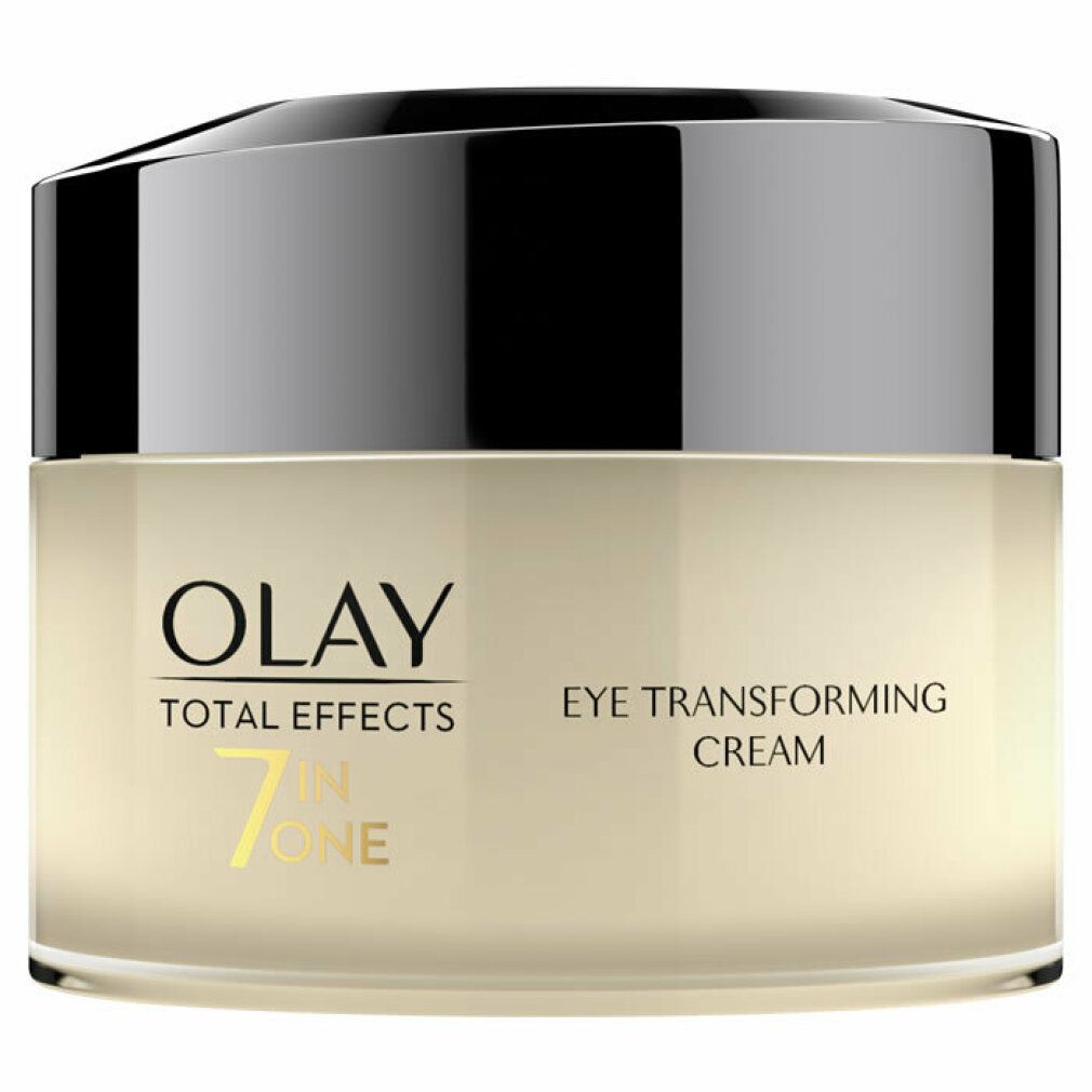 Crema occhi Olay Total Effects. Crema in un vasetto di vetro con coperchio nero. Nome e logo del prodotto visibili.