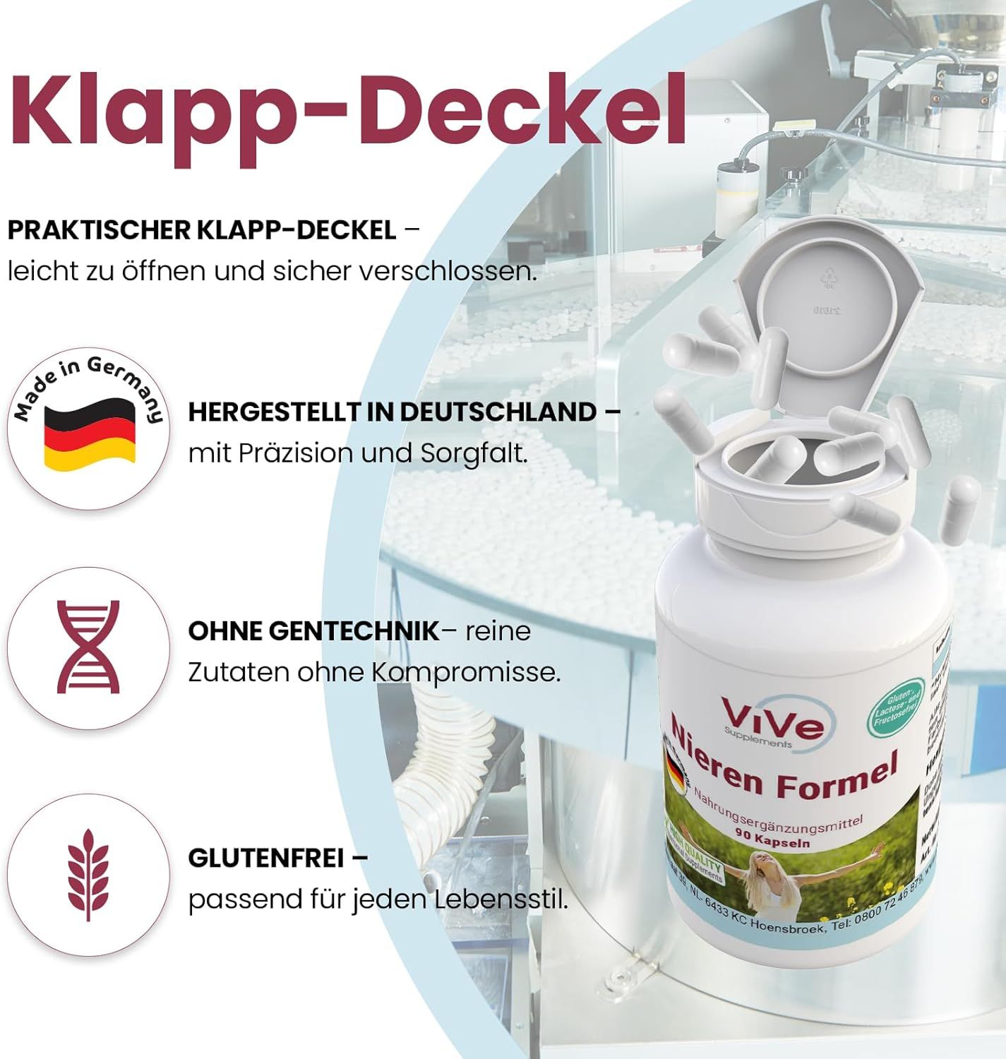 Flacone bianco con capsule. Scritta: ViVe Nieren Formel, 90 capsule. Coperchio aperto. Senza glutine. Made in Germany.