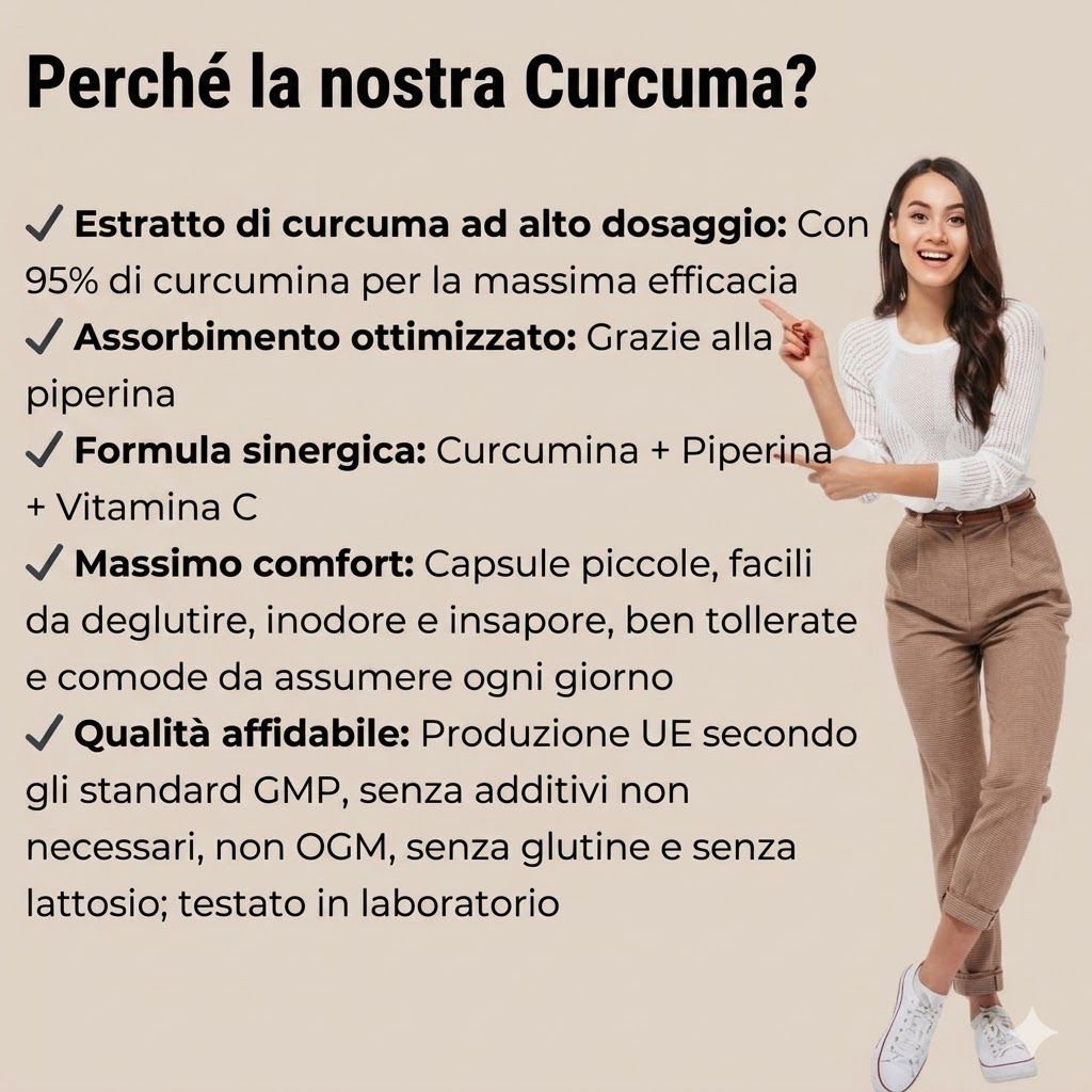 Testo con elenchi puntati: 95% Curcumina, Vitamina C, più benefici. Donna che corre, mani a cuore, virus.