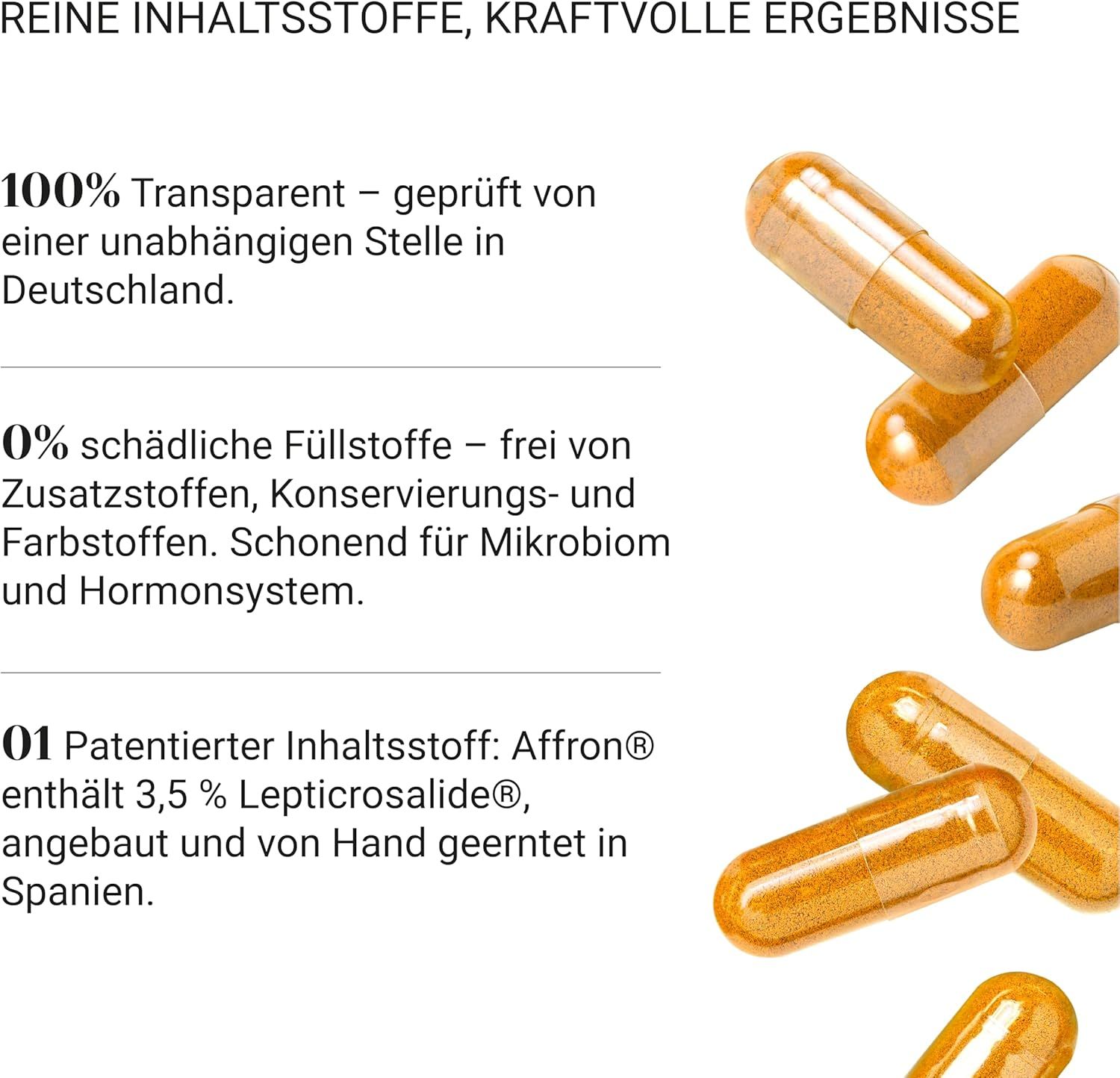 Tre capsule Nullure Saffron su sfondo bianco. Ingredienti puri, risultati potenti.