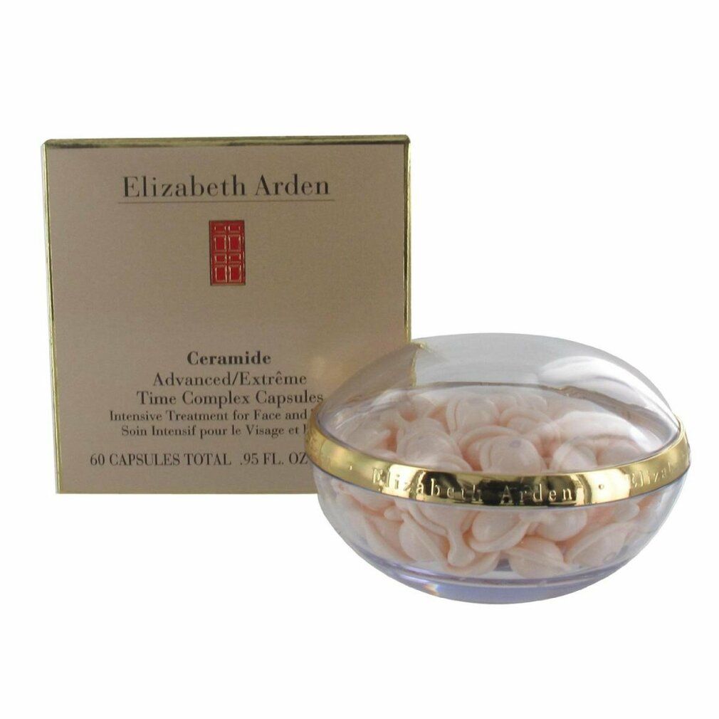 Capsule di siero Elizabeth Arden e confezione. Capsule in contenitore di vetro. Testo: Ceramide Advanced/Extrême Time Complex Capsules.