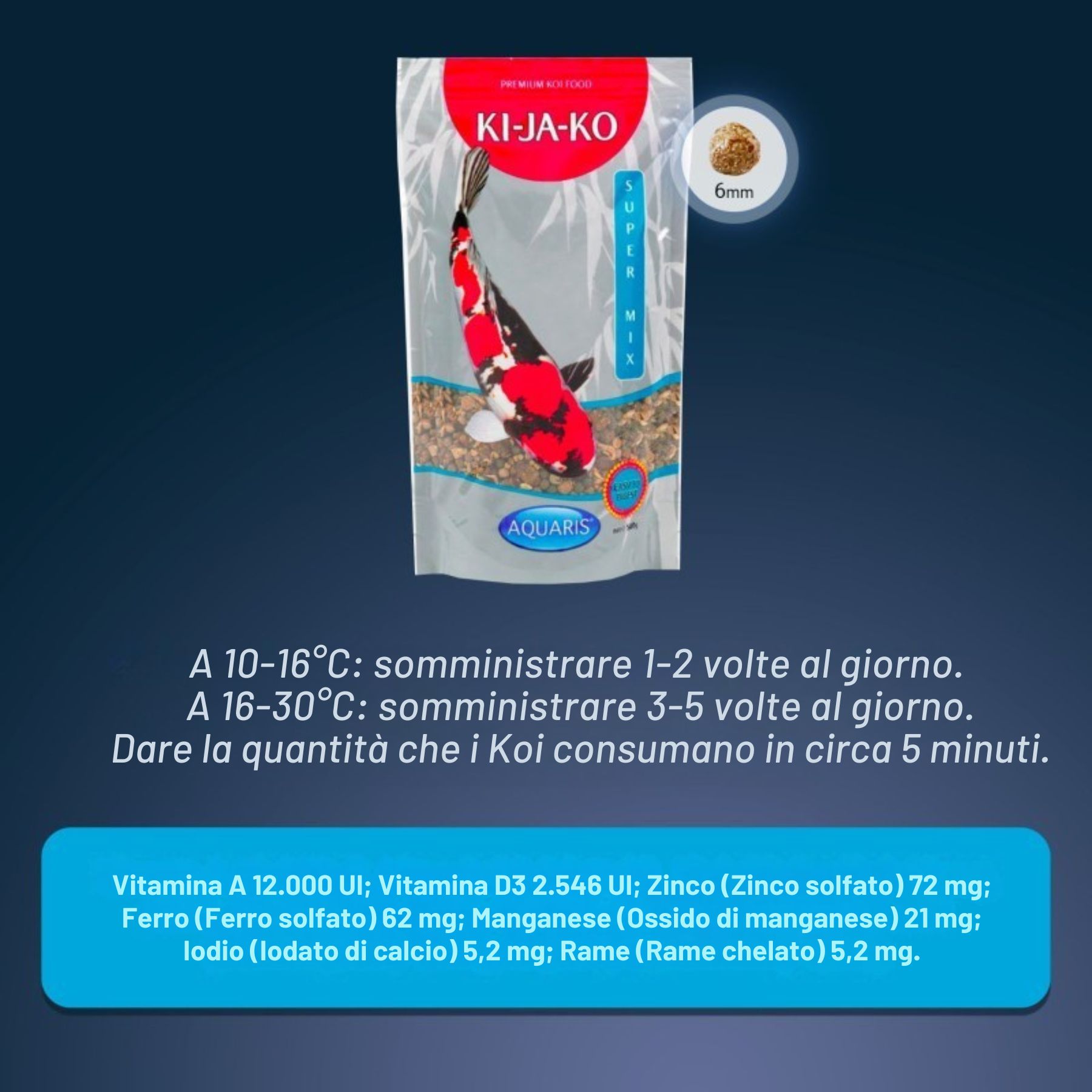Confezione di KI-JA-KO Koifischfutter Super Mix. Con illustrazione di pesce koi e informazioni.