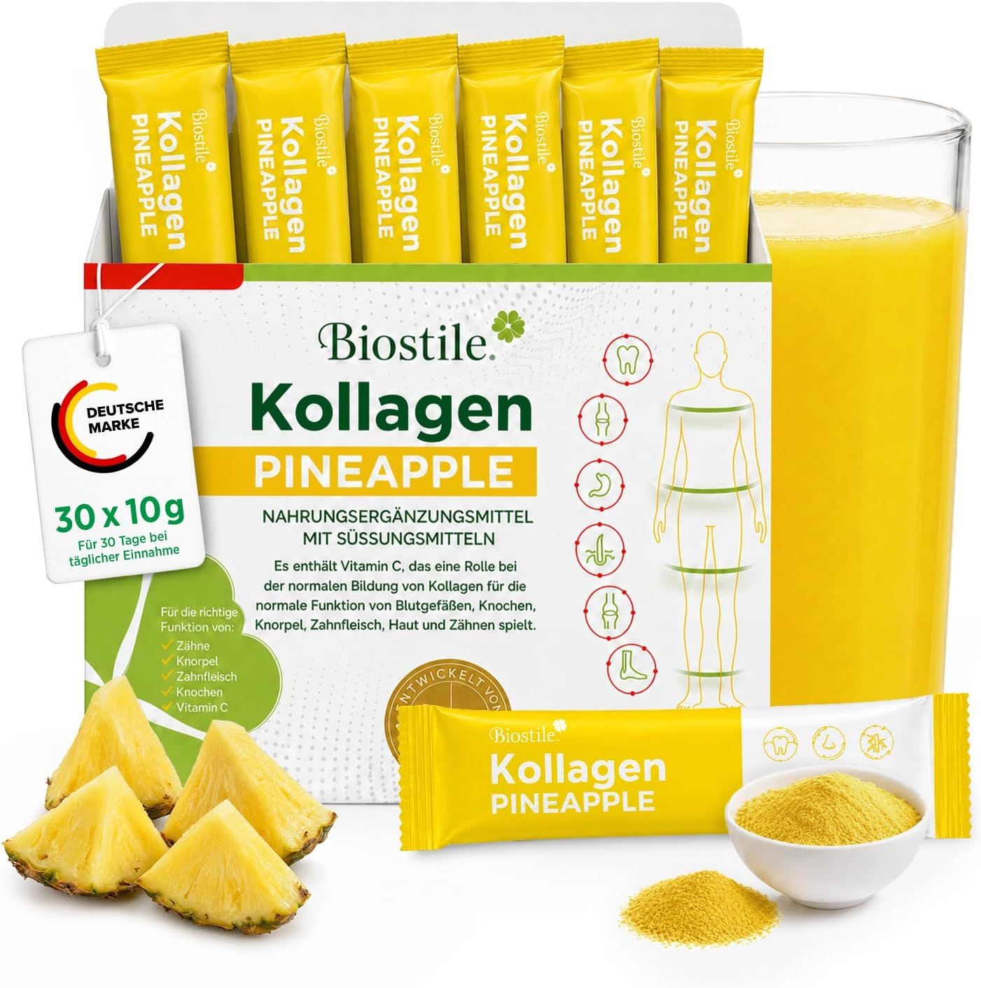 Biostile Collagen Pineapple: Confezione aperta con 30 bustine, bicchiere, ananas.