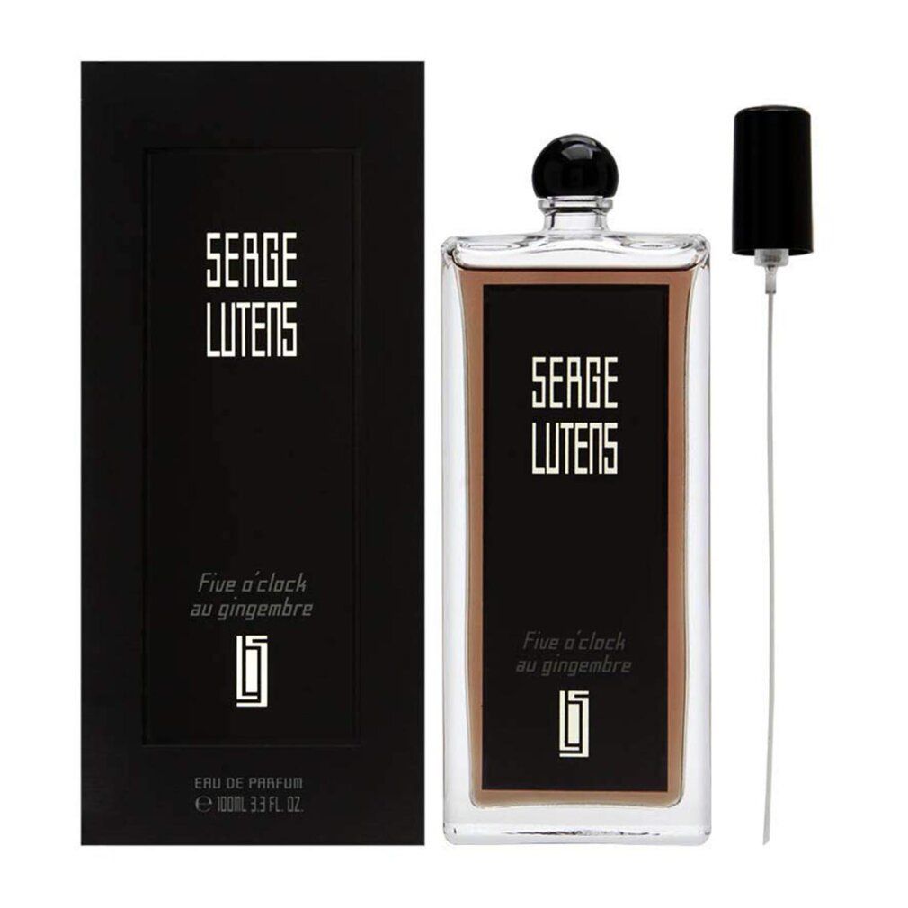 Flacone con etichetta nera. Scritta: Serge Lutens, Five o'clock au gingembre. Tappo nero. Confezione nera.