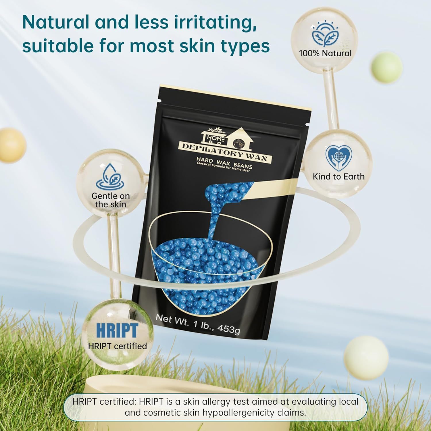 Busta nera con perle di cera blu. Testo: Lifestance, certificato HRIPT, delicato sulla pelle, 100% naturale.