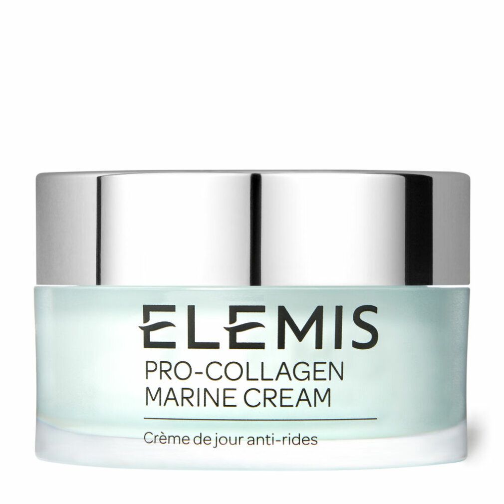 Vasetto Elemis Pro-Collagen Marine Cream. Contenitore in vetro con coperchio argentato. Testo: Pro-Collagen Marine Cream, Crème de jour anti-rides.