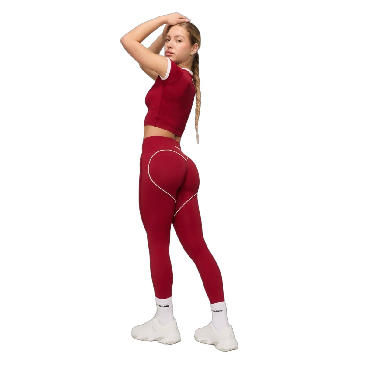 GymBeam Leggings donna Varsity lunghi a vita alta senza tasche rosso con dettaglio posteriore