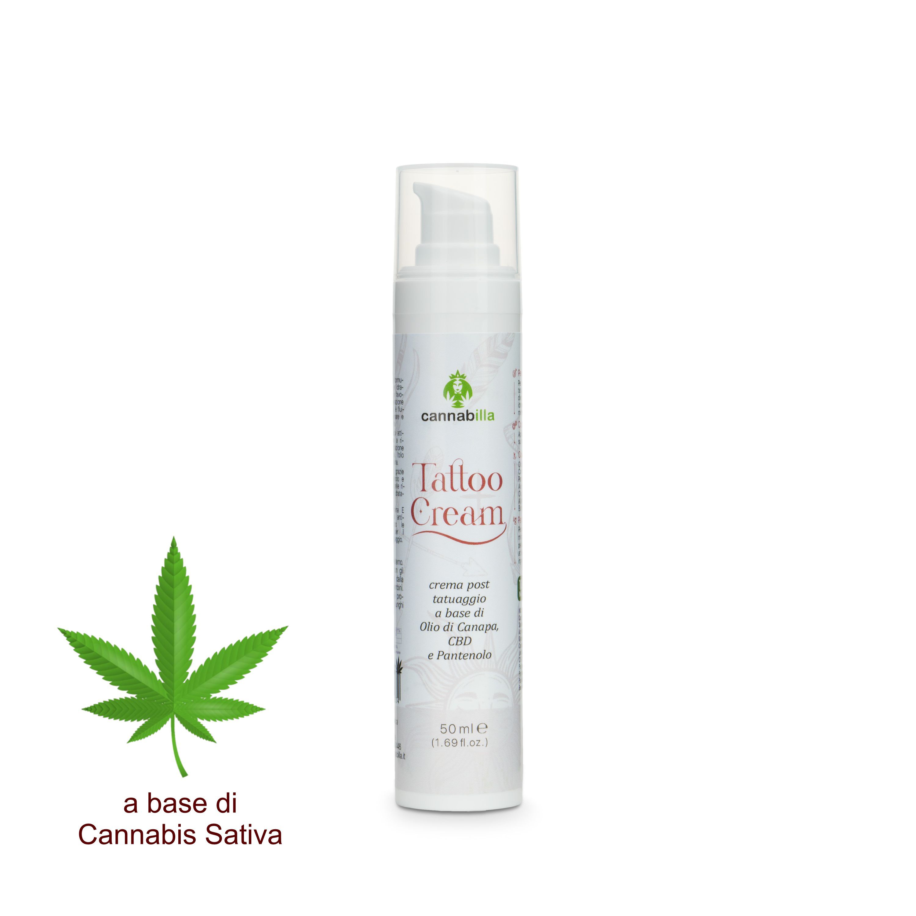 Flacone bianco Cannabilla Tattoo Cream con foglia di cannabis. Scritta: Tattoo Cream, crema post tatuaggio, a base di Olio di Canapa, CBD e Pantenolo. 50 ml.