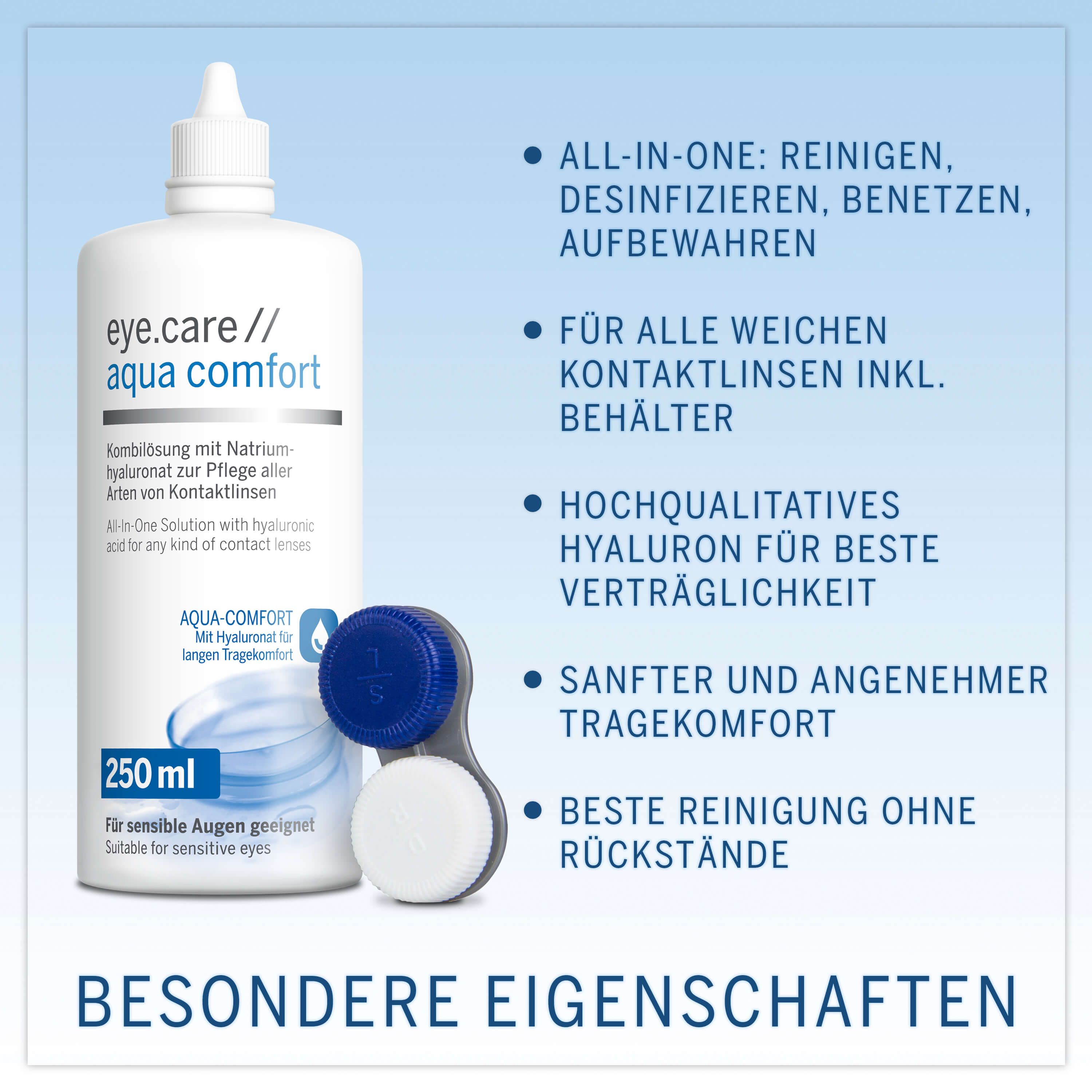 Flacone eye.care aqua comfort, contenitore lenti. Testo: All-in-One, pulire, disinfettare, inumidire, conservare. Per lenti morbide.