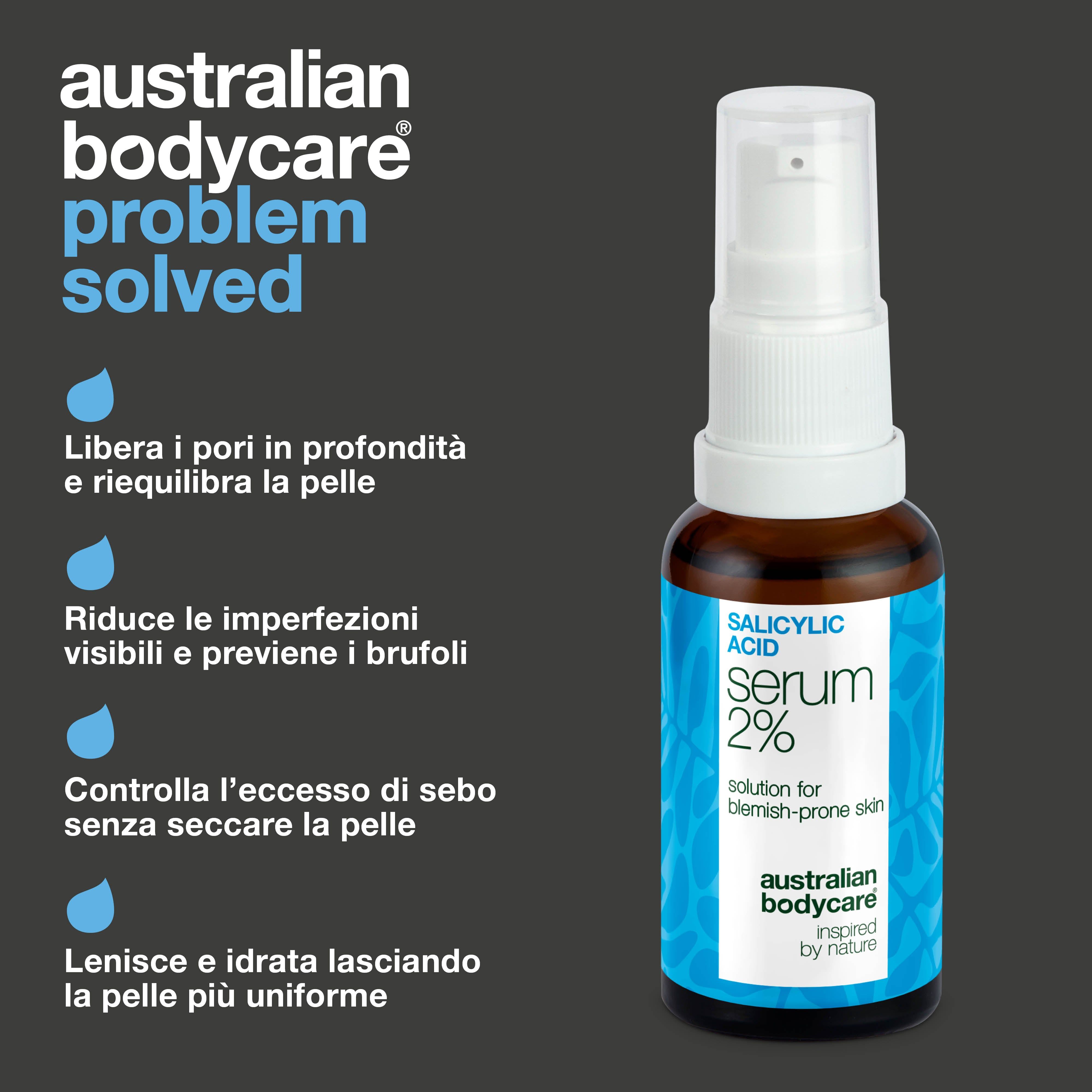 Flacone su sfondo scuro. Testo: Pulisce i pori, riduce le imperfezioni, controlla l'eccesso di sebo, lenisce, idrata.