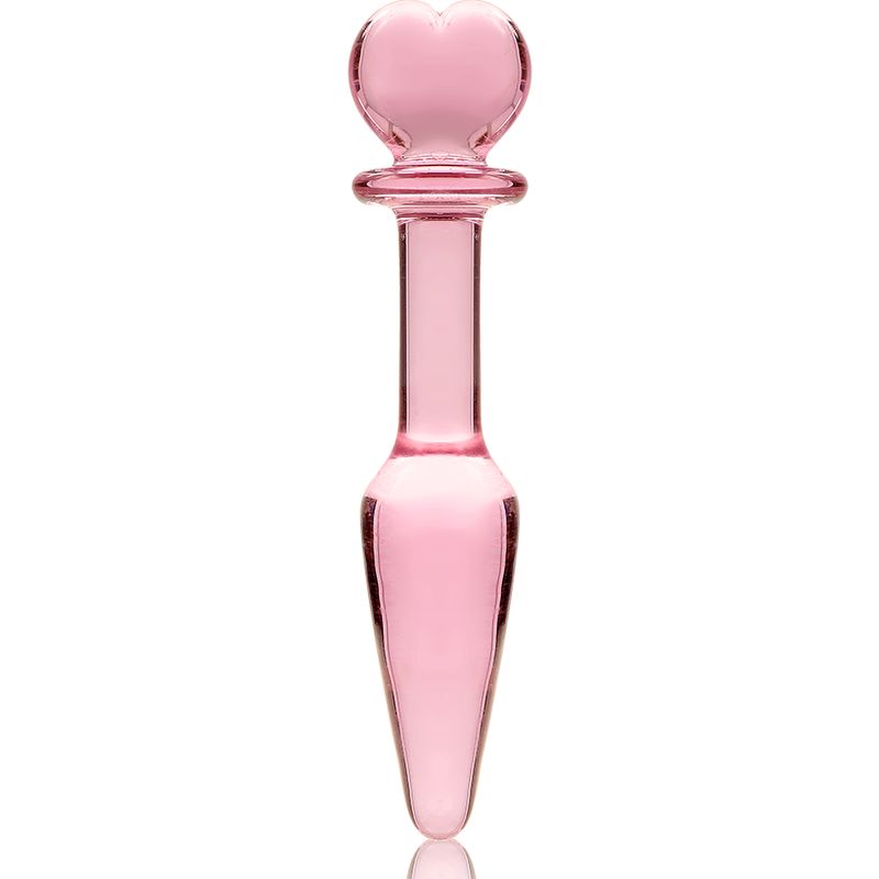 Spina anale in vetro borosilicato rosa con punta a cuore, su sfondo bianco.