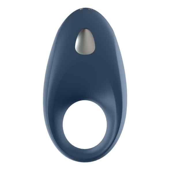 Anello blu, forma ovale, apertura centrale. Pulsante argentato in alto.
