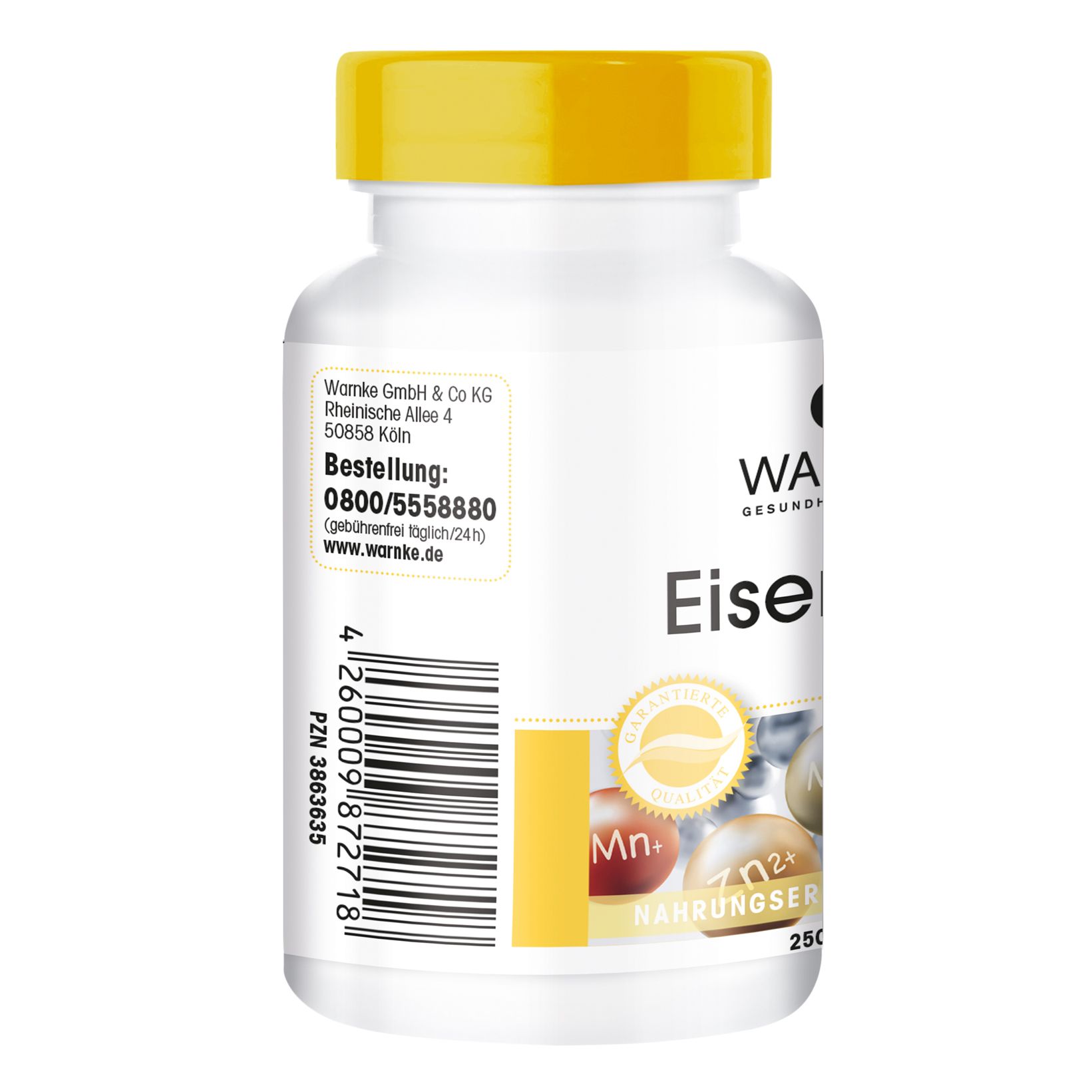 Flacone bianco con tappo giallo. Retro con etichetta. Scritta: Warnke Eisen & C. 250 capsule. Indirizzo e contatti.
