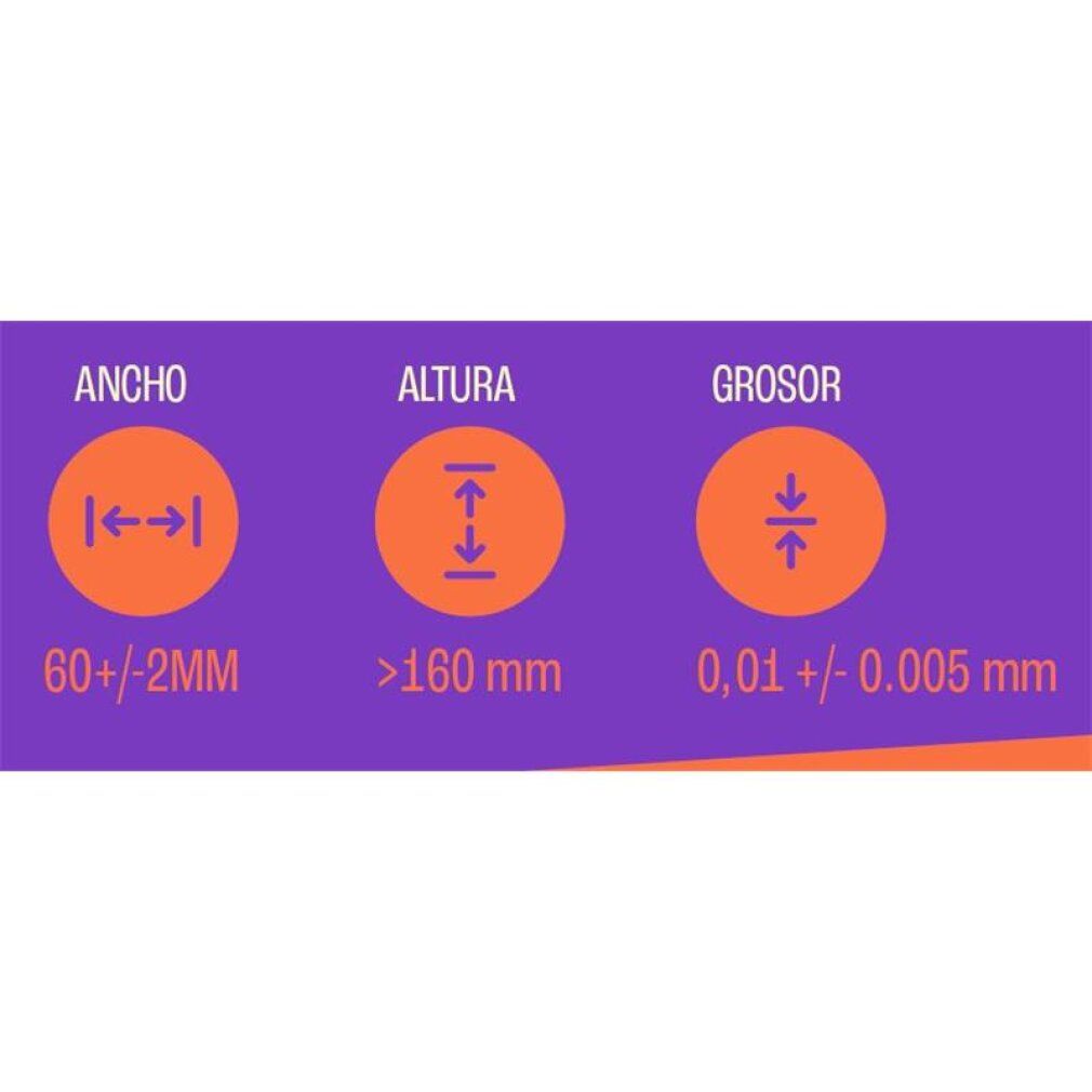 Specifiche preservativo Uniq: larghezza 60+/-2mm, lunghezza >160mm, spessore 0.01mm.