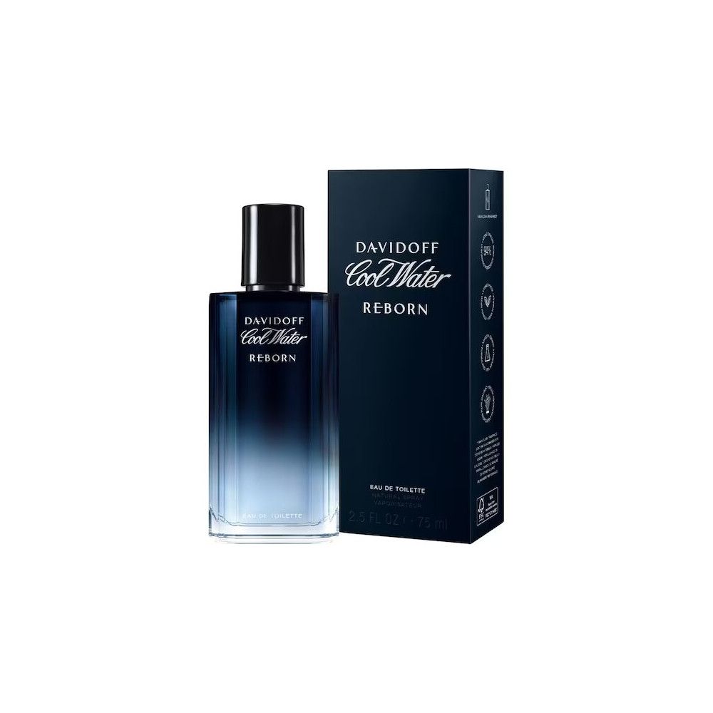 Davidoff Cool Water Reborn Man EdT Nat. Spray. Flacone e confezione. Sfumatura blu-nera. Tappo nero.