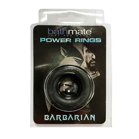 Confezione con anello nero. Scritta "bathmate POWER RINGS BARBARIAN".