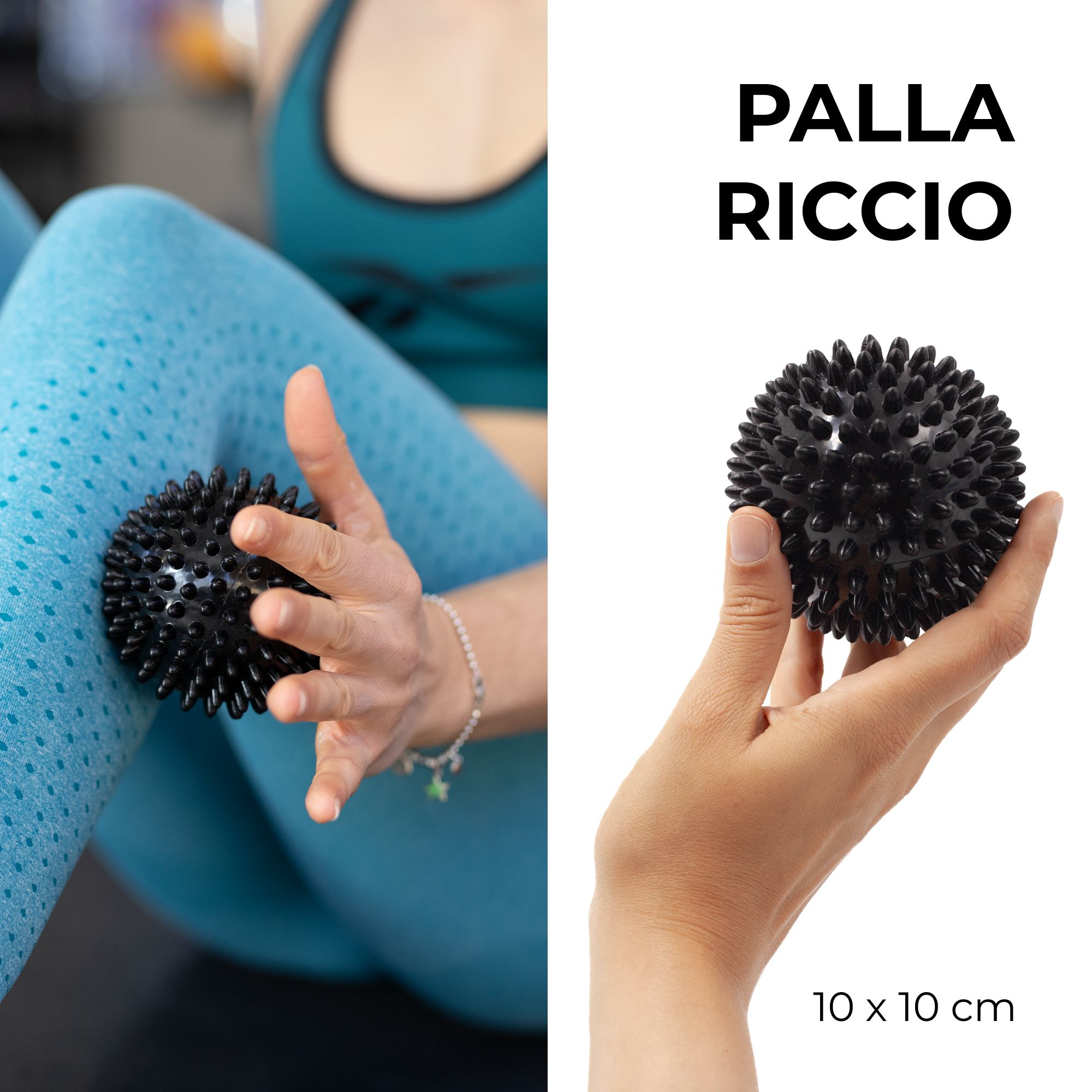 Palla nera a riccio (10x10 cm) in mano, usata sulla gamba.