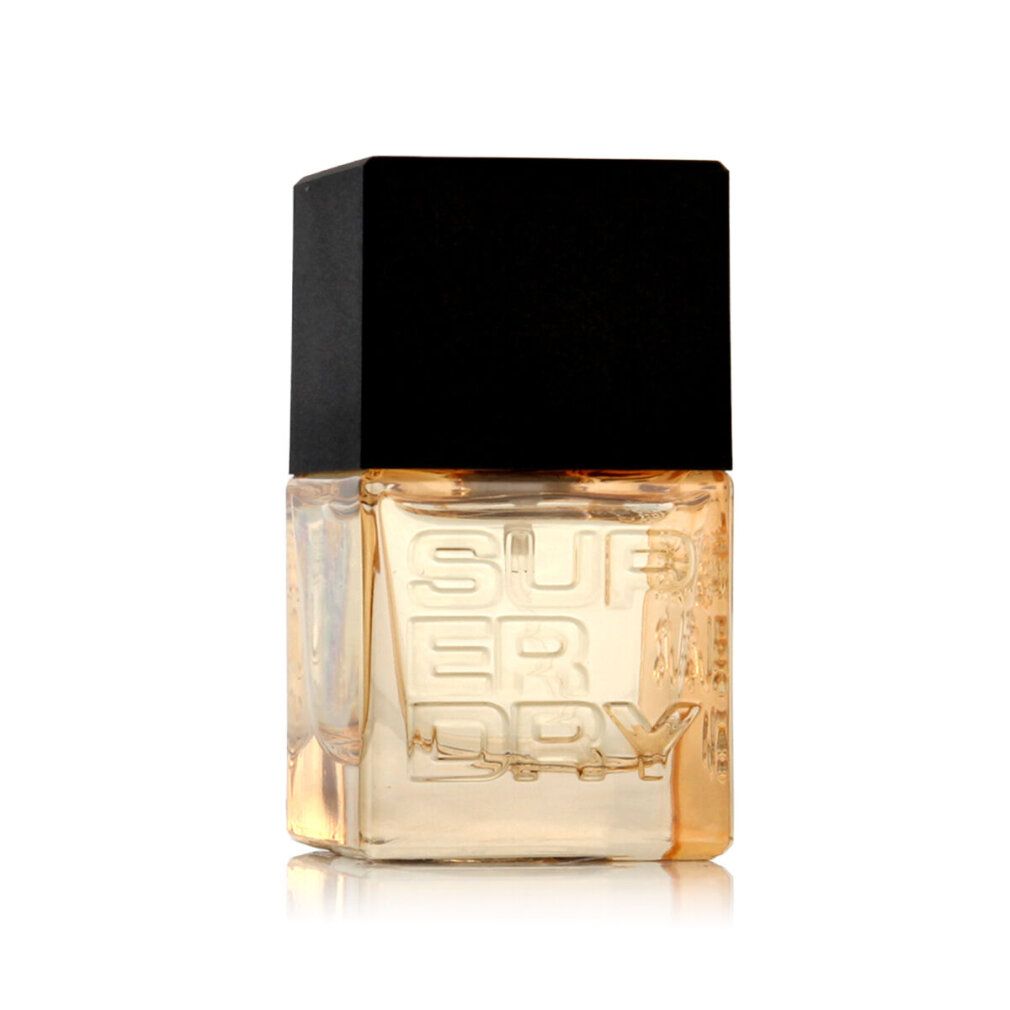 Superdry Neon Orange Eau de Cologne. Flacone quadrato con tappo nero. Scritta Superdry sul flacone. Liquido color ambra.
