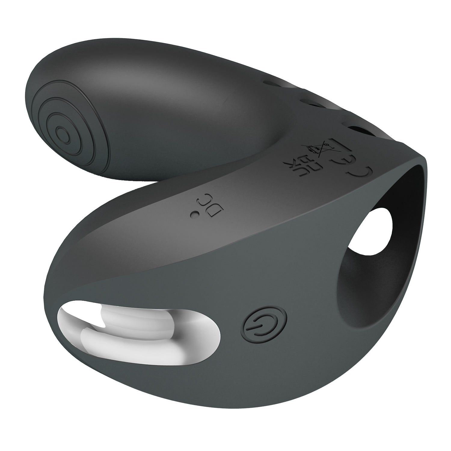 Prodotto benessere grigio curvo con inserto bianco. Con simbolo on/off e simboli sul fondo.