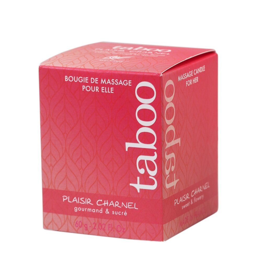 Confezione rossa con testo. Scritte: TABOO, Plaisir Charnel. Forma quadrata.