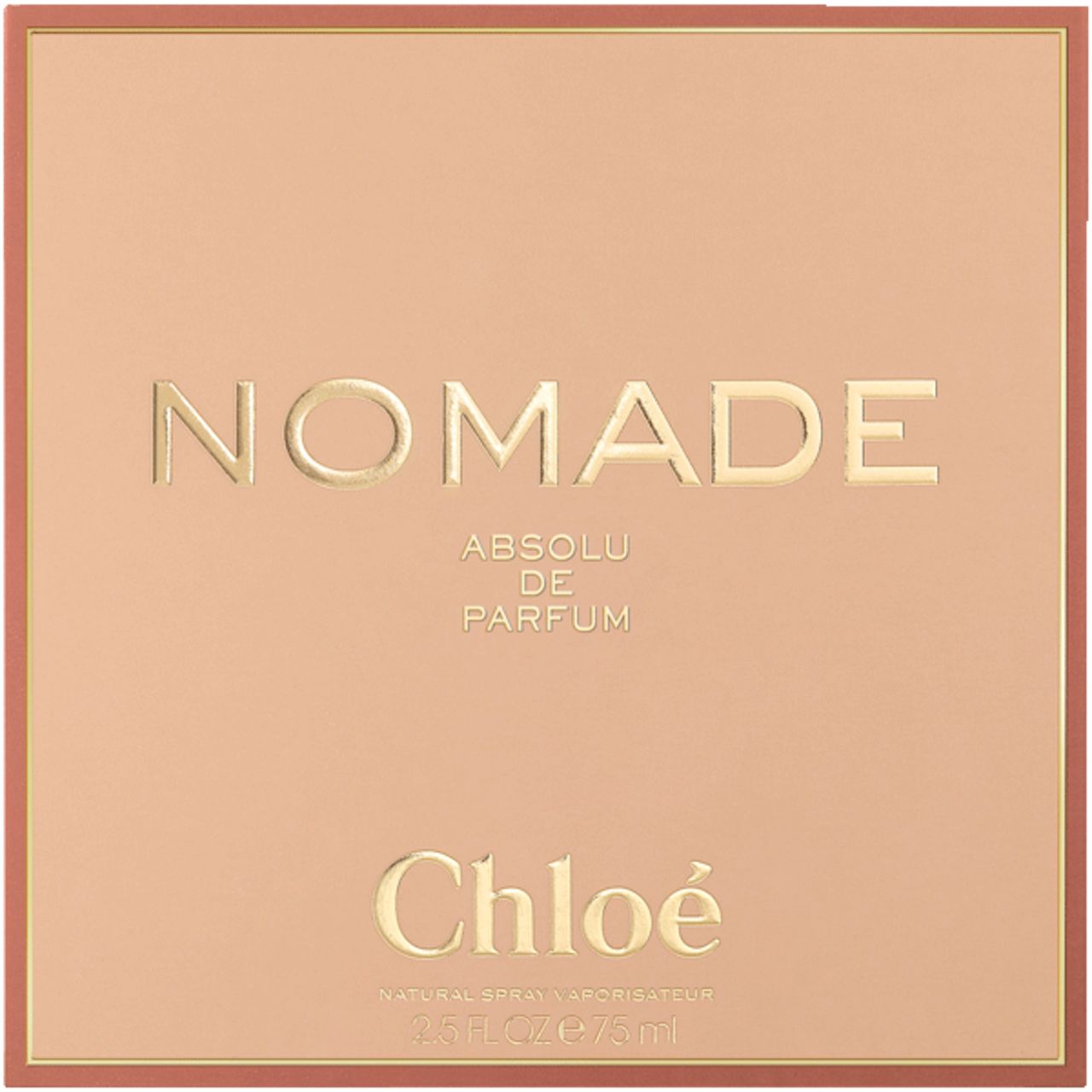 Confezione di profumo. Scritta: Nomade Absolu de Parfum, Chloé. Testo dorato su sfondo rosa-marrone.