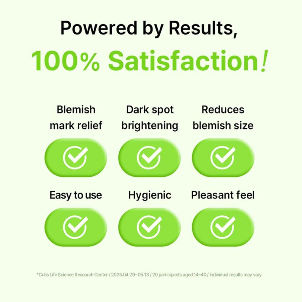 Grafica con caselle verdi e segni di spunta. Dichiarazioni: Blemish mark relief, Dark spot brightening, Reduces blemish size, Easy to use, Hygienic, Pleasant feel.