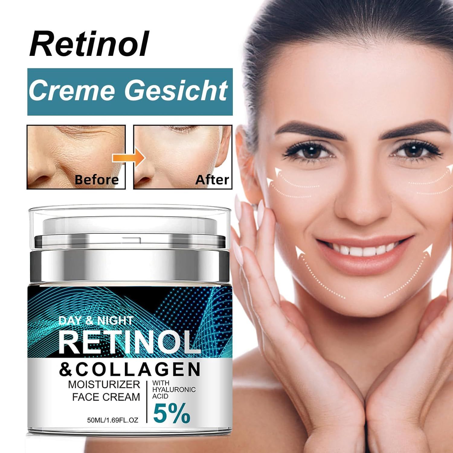 Crema viso Soleneva Retinolo con una modella e il vasetto del prodotto.