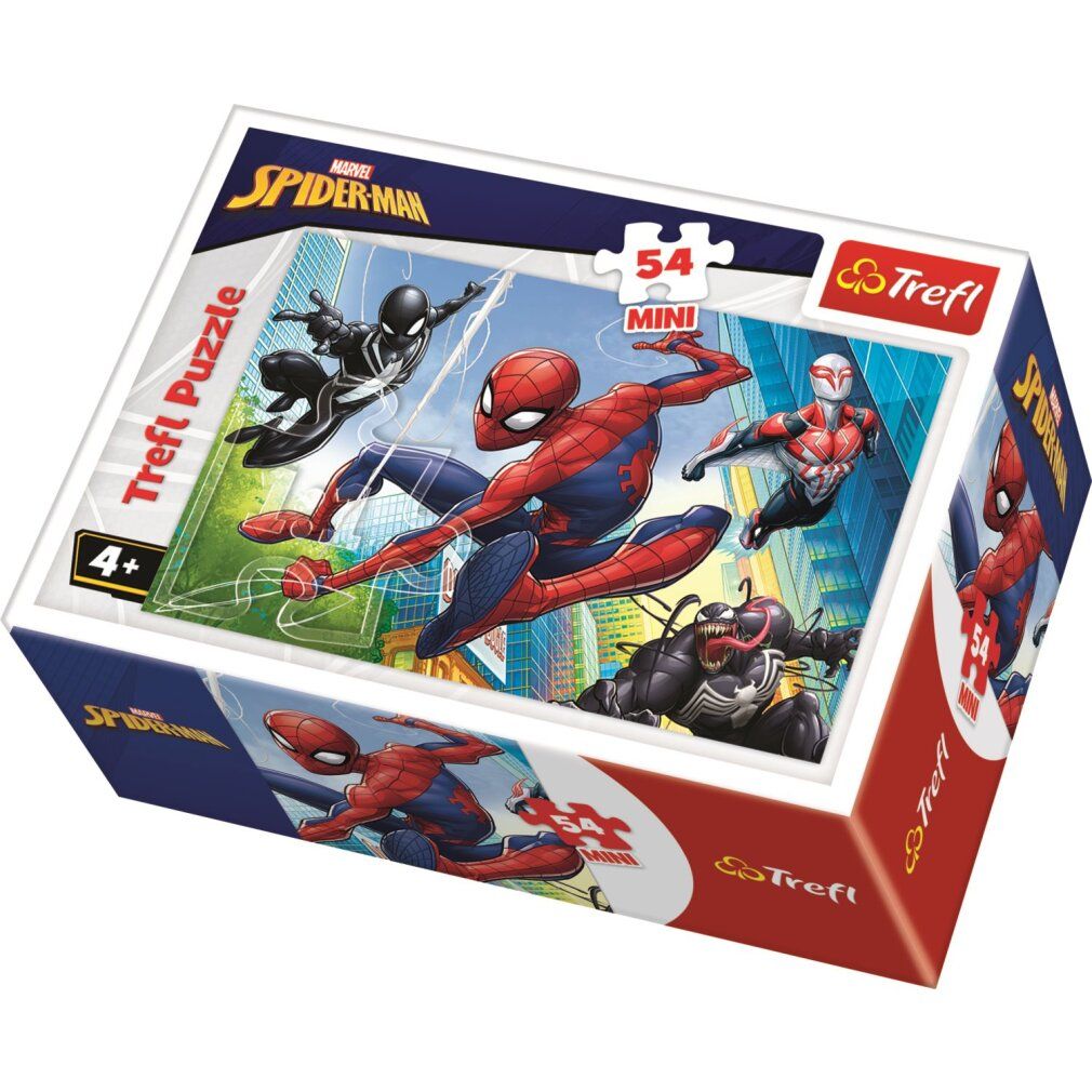 Puzzle Trefl Spiderman: Ein Team, 54 pezzi. Confezione con Spiderman. Logo e scritta 'Trefl'. Età consigliata 4+.