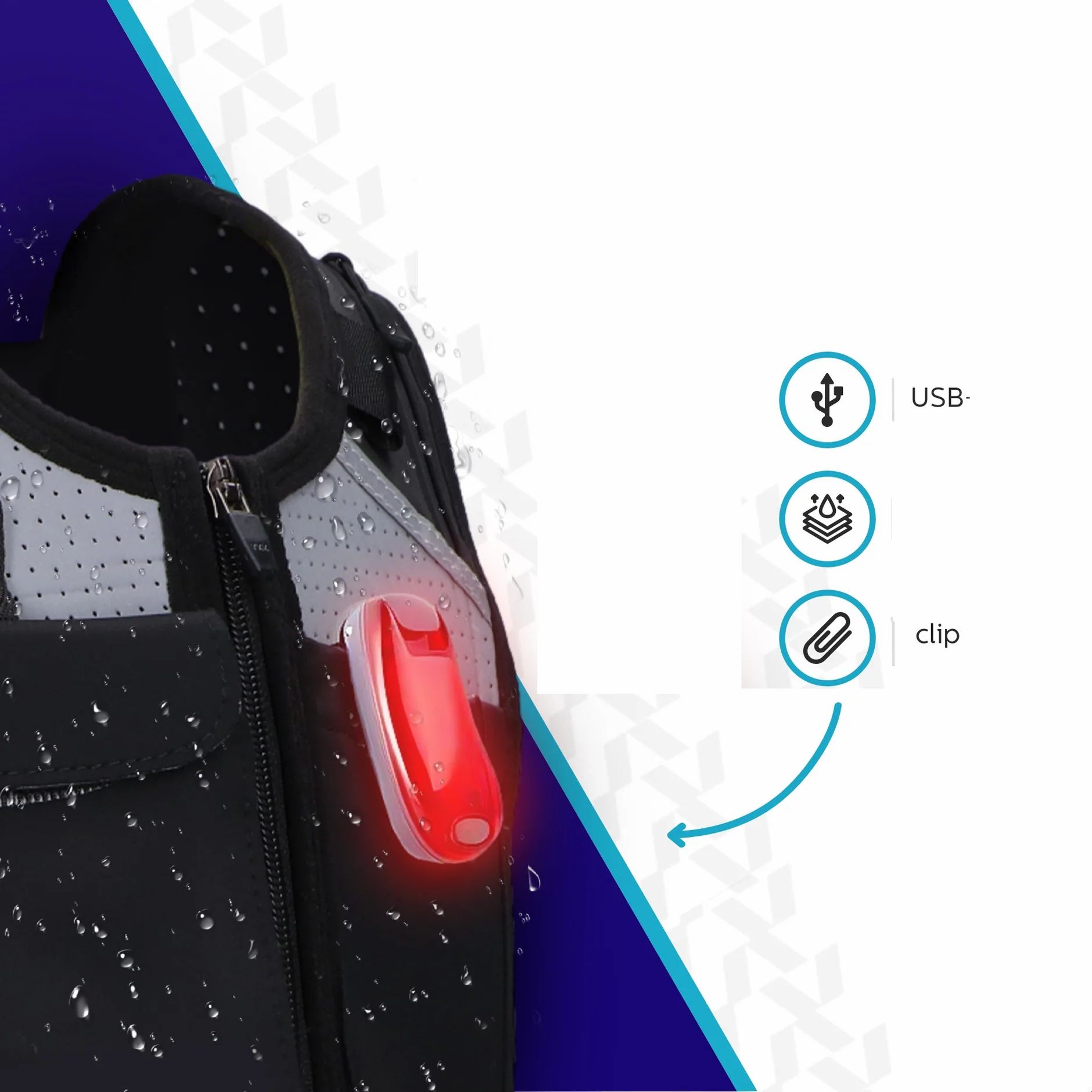 Gilet da corsa nero con luce LED rossa. Porta USB, impermeabile e funzione clip. Elementi riflettenti.