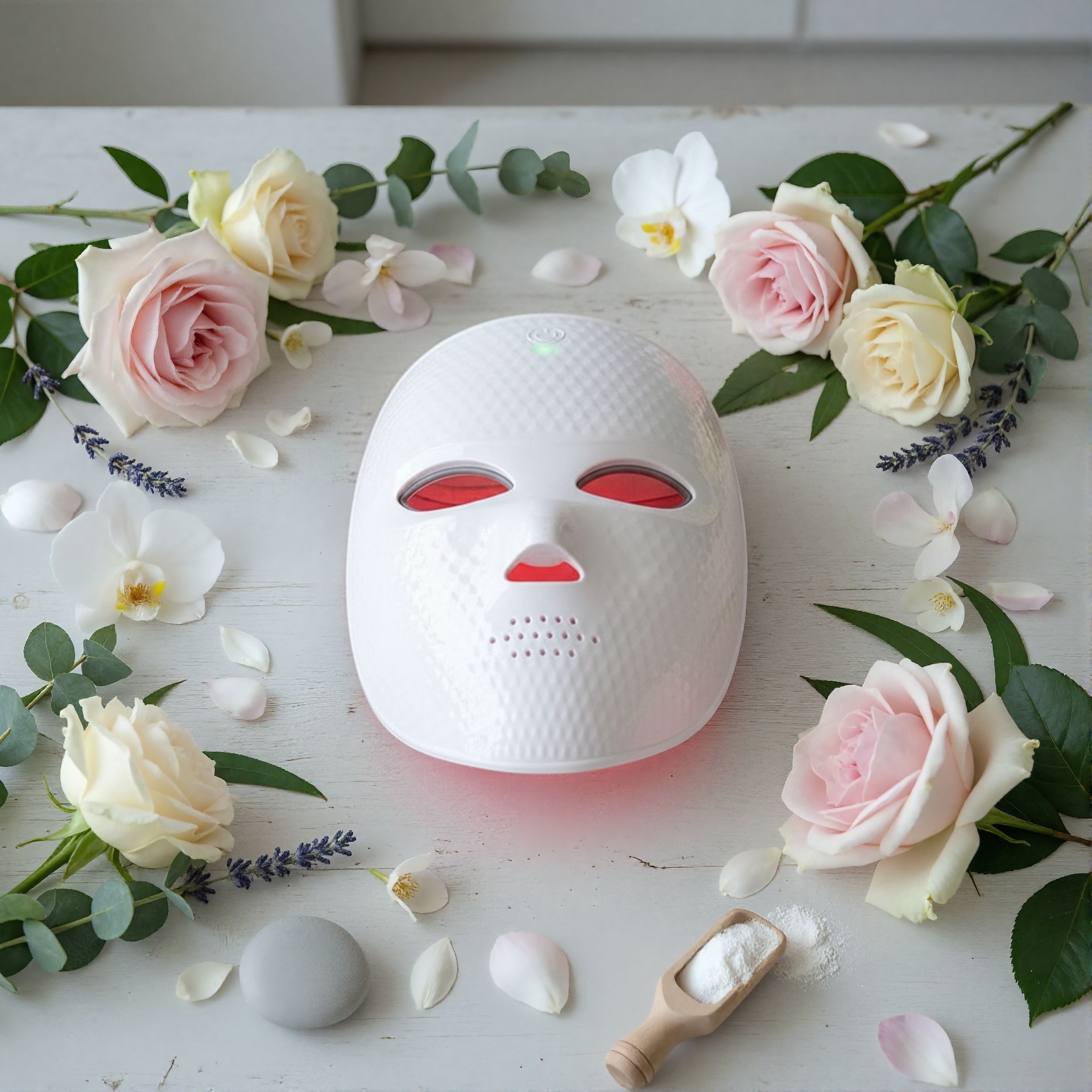 Maschera facciale a LED bianca circondata da fiori e petali. Superficie a nido d'ape.