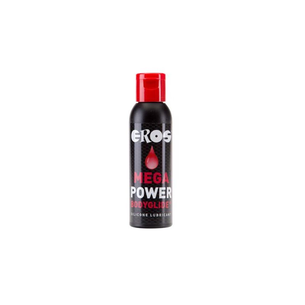 Flacone nero con tappo a scatto rosso. Etichetta "EROS MEGA POWER BODYGLIDE SILICONE LUBRICANT".