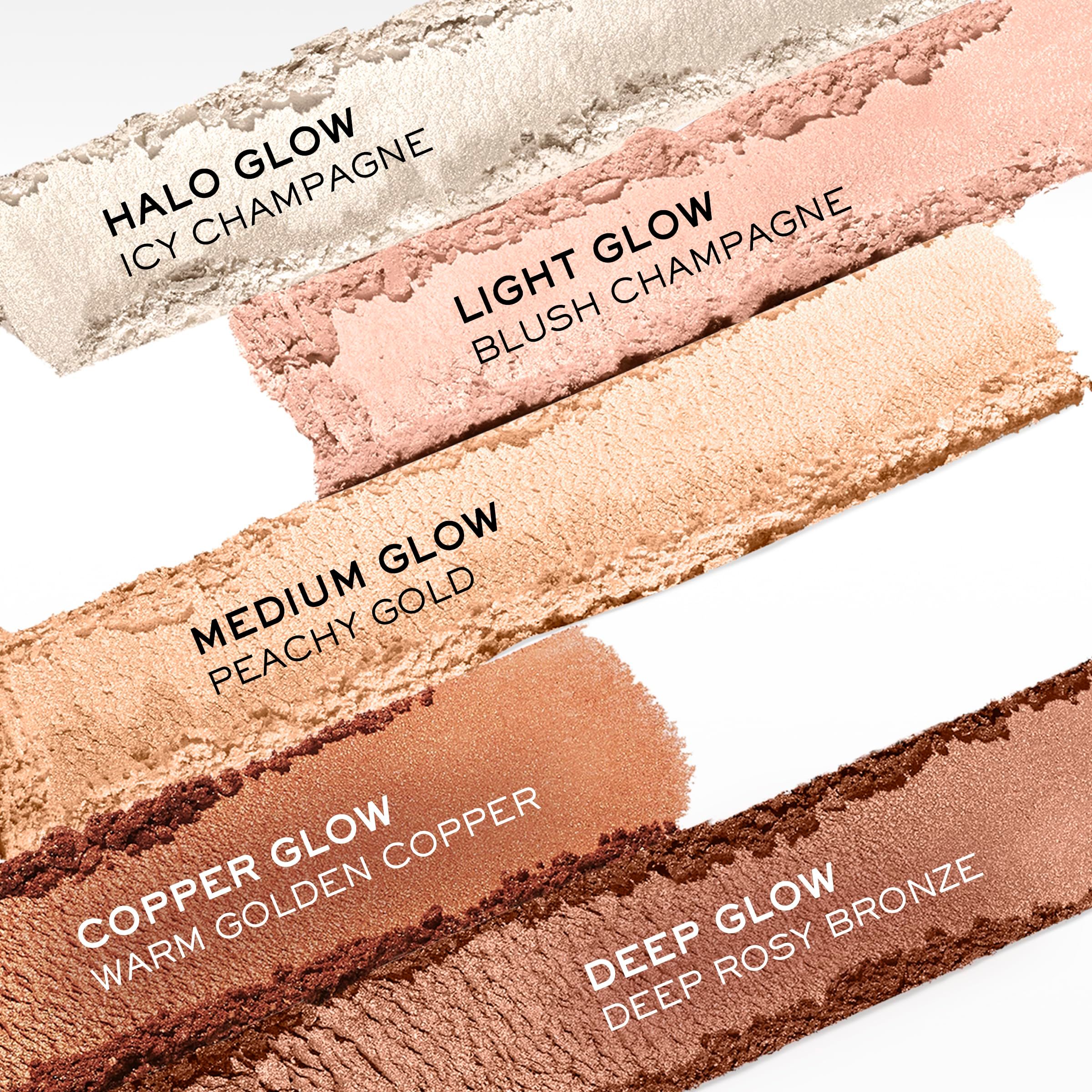 Campioni di colore di illuminanti. Testo: HALO GLOW, LIGHT GLOW, MEDIUM GLOW, COPPER GLOW, DEEP GLOW. Nomi dei prodotti.