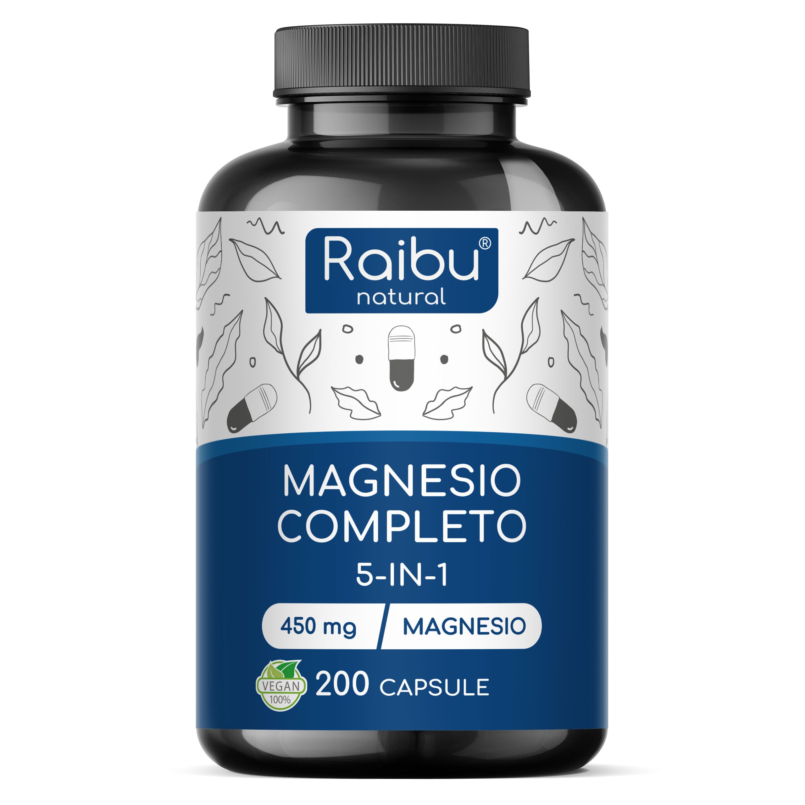 Magnesio Complesso 5 Forme – 450 mg Magnesio Elementare – 200 Capsule Alta Dose Vegano RAIBU