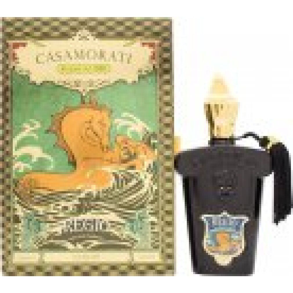 Flacone nero con tappo dorato e nappa, accanto a una scatola con illustrazione di cavalluccio marino. Testo: Casamorati, Regio.