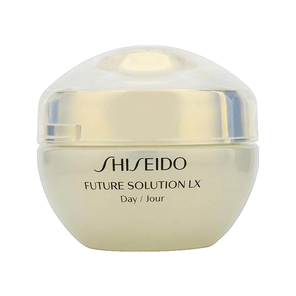 Vaso di crema con coperchio. Scritta: SHISEIDO, FUTURE SOLUTION LX, Day / Jour.