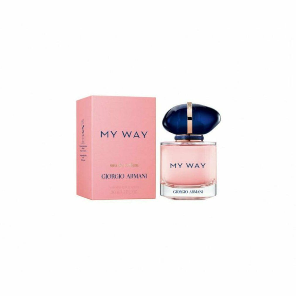 Flacone di profumo e confezione. Flacone con tappo blu, contenuto rosa. Scritta "MY WAY". Confezione rosa.